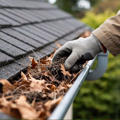 Clearing leaves from gutters in fall