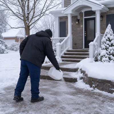 Person applying de-icing salt on a snowy residential driveway